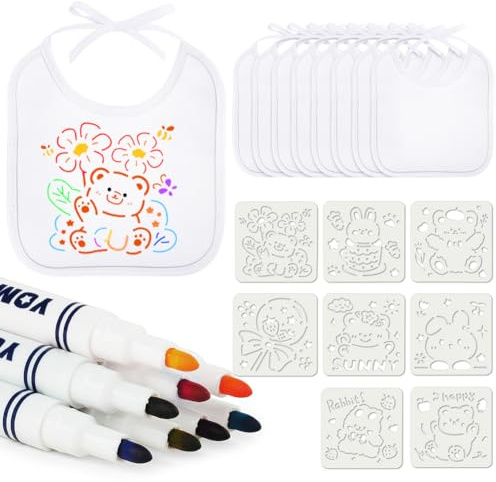 Aolso DIY Bavoirs Bebe Naissance, 8 Pièces Bavoirs Bebe de Peinture Coton Blanc pour Bébé avec 8 Stylos Textiles de Couleur et 8 Pochoirs de Peinture, Cadeau pour Babyshower Une Fête De Naissance