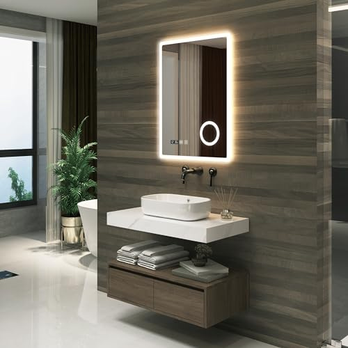 pro.tec LED Badspiegel Racale Schminkspiegel mit Beleuchtung 3 Lichtfarben vertikal Wandspiegel für Badezimmer rechteckig 60 x 80 cm Weiß beschlagfrei Lichtspiegel mit Lupe Uhranzeige