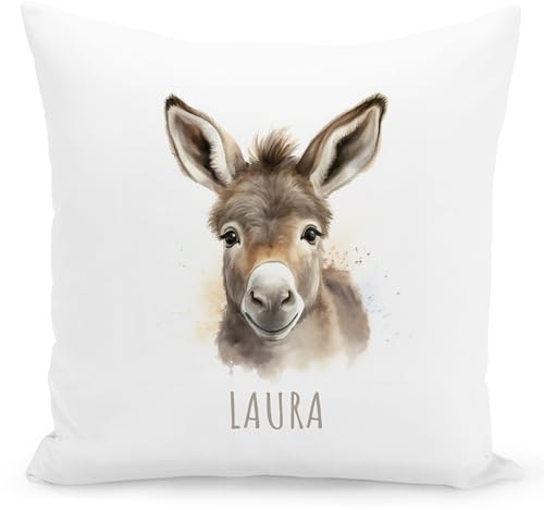 Esel Kissen personalisiert mit Namen als Kuschelkissen für Kinder | Personalisiert, weicher Bezug inkl. Füllung, Kinderzimmer Deko, für Jungen & Mädchen, Dekokissen