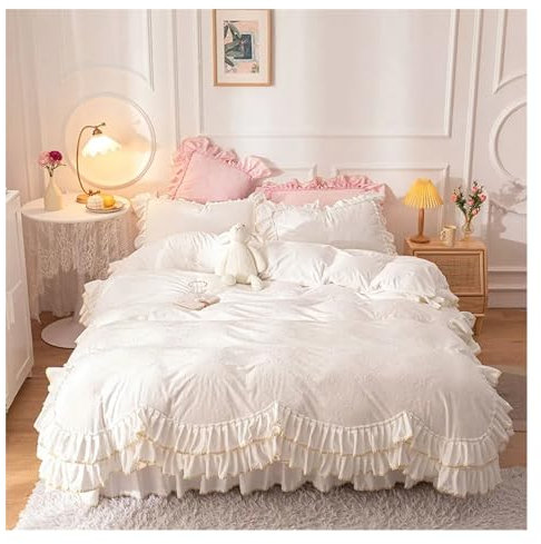 LEXONLY 4PCS Weißer Prinzessinnen-Bettrock-Stil mit Rüschen aus Fleece-Stoff Winterdicker, Warmer Samt-Bettbezug Compatible with das Bett Bettwäscheset