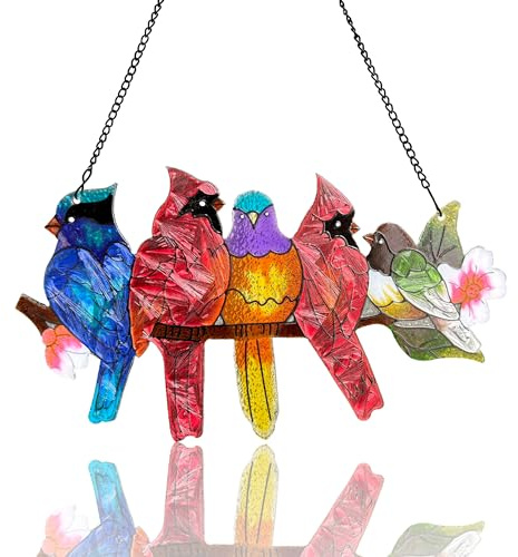 DASTOLL Stained Glass Window Hanging - Large Stained Glass Birds on Branch, Birds Sun Catchers Indoor Window with Chain and Hook Gifts for Bird Lover, Mom, Grandma, Stocking Stuffers for Women