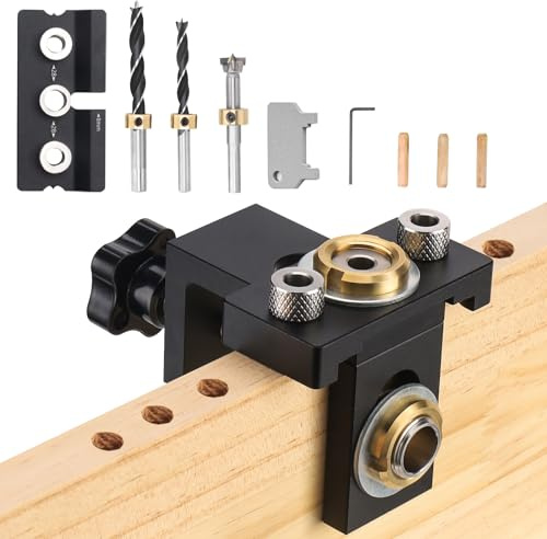 Ampvolts 3 in 1 pocket hole jig - 8/10/15mm Holzdübel Bohrschablone Möbelbau für Die Holzbearbeitung Exakte Dübellöchre, Bohrhilfe（mit Positionierungsclip Bohrer Perforator）