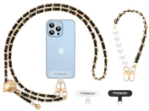 MoKo Phone Lanyard Crossbody, Universal Phone Chain for iPhone, Samsung, Most Smartphones, Neck Strap × 1, Beaded Wrist Strap x 1, Patches × 2, Black