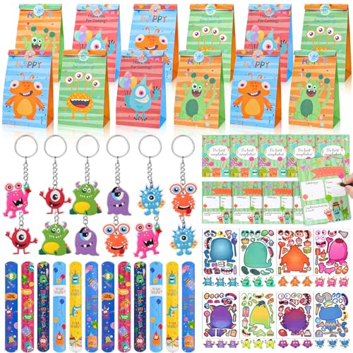 72 STK. Monster Party Mitgebsel Kindergeburtstag Gastgeschenke, Geschenktüten Kindergeburtstag, Einladungskarten, Schnapparmband, Schlüsselanhänger, Tattoo Give Aways Kindergeburtstag Junge Mädchen