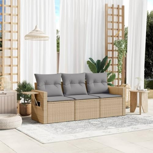Rantry 3-TLG. Gartensofa Set mit Kissen Gartenlounge Gartenmöbel Loungesofa Balkonmöbel Ecksofa Ecklounge Sitzgruppe Loungemöbel für Garten Terrasse und Balkon Beige Poly Rattan
