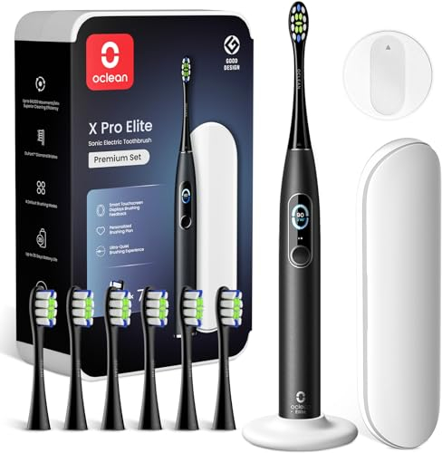 Oclean X Series Pro Elite Premium Set, Ultra-Quiet Powerful Sonic Electric Toothbrush Adults w Smart Screen, Wireless Charge for 35 Days, 4 Modes, 6 Replacement Heads & Travel Case - Black