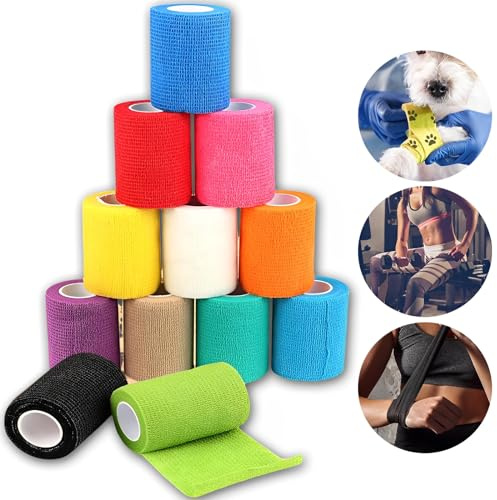 TFSZE 12 Rollen Selbsthaftende Bandage,Hund Vet Wrap,Pet Selbstklebender Verband Selbstklebende Bandage,12 Solide Farben Selbsthaftende Bandage,Fixierbinde für Pferd Pet Cohesive Bandages