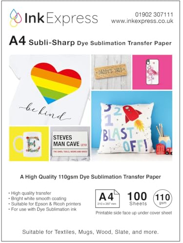 Ink Express Subli-Sharp 110 gsm färgsublimeringsöverföringspapper kompatibelt med EPSON, SAWGRASS, RICOH, Brother sublimeringsskrivare (100 ark)