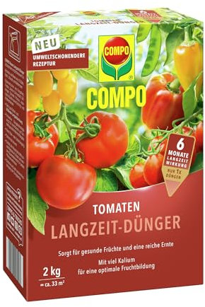 COMPO Tomaten Langzeit-Dünger für frucht- und knollenbildendes Feingemüse sowie Gewürzkräuter, Tomatendünger, 6 Monate Langzeitwirkung, 2 kg, 33 m²