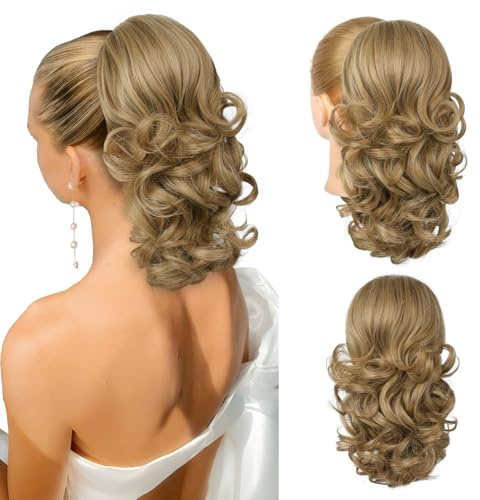 Flufymooz Ponytail Extension, 14 Inch Short Drawstring Ponytail Hair Extension for Women, Soft Synthetic Pony Tails Hairpiece for Women (Deep Blonde with Highlight)