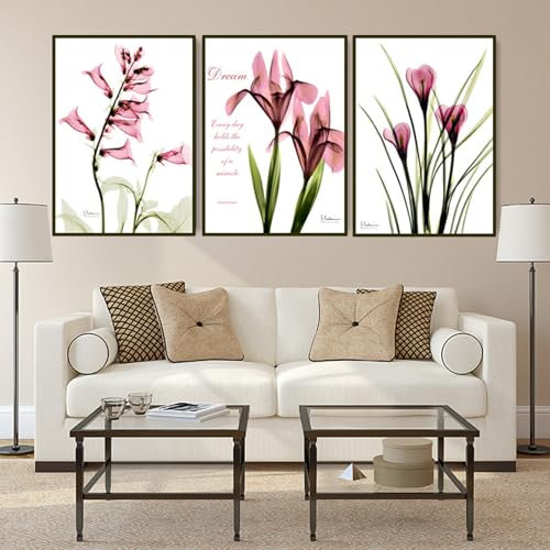 Set aus drei Postern mit Bild eines rosa Blumenstraußes und grünen Blättern auf dem Hintergrund, Leinwandmaterial, dekoratives Kunstgemälde für Wohnzimmer und Schlafzimmer, ungerahmt (60*90cm)