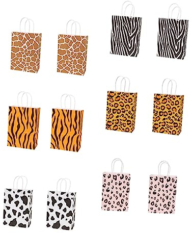MOLUCKFU 12 Stück Tiermuster Geschenktüten aus Kraftpapier Robuste Papiertüten mit Tierdruck Dekorative Verpackungstaschen für Geschenk Süßigkeiten Party und Feiertage