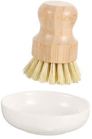 TOGEVAL Kitchen Cleaning Brush Set Natural Wood Handle Pot Scrubber and Ceramic Drain Dish Holder for Dish and Wok Cleaning in Household Kitchen