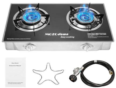 MOZODAWN 30000 BTU Two Burner Propane Stove Gas Stove, 2 Burner Propane Cooktop Outdoor Camping Stove with Auto Ignition with LPG Adapter Hose