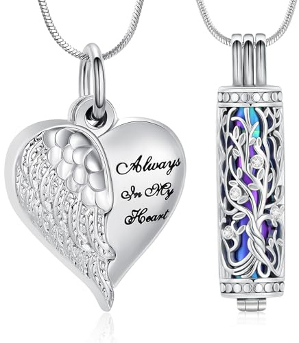 Colgante de collar de urna en forma de corazón para cenizas, con alas de ángel, joyería conmemorativa para damas y caballeros, cenizas, joyería con inscripción Always in my Mind Forever in my Heart