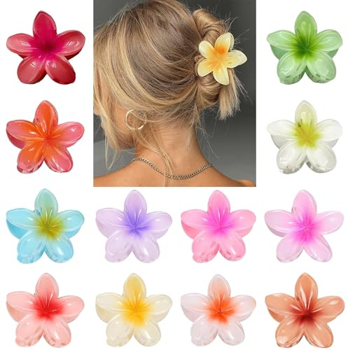 Haarspange Blumen,12 Stück Hawaii Haarspange für Frauen,Haarkrallen Haarschmuck,Blumen Haarklammer Set,Haarklammer Groß blumen für Damen,Rutschfeste Kunststoff Haarklammerne für Dickes Haar