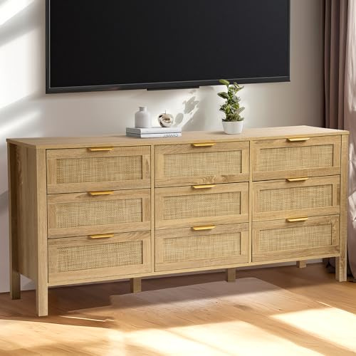 YOCONYO 9 Drawer Dressers for Bedroom, Rattan Dresser with Drawers, Modern Wood Dresser with Metal Handles, Chest of Drawers for Bedroom, Living Room, Entryway (9 Drawer)