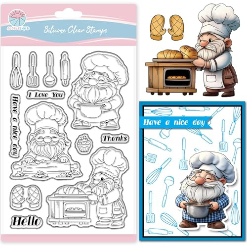 GLOBLELAND Gnome Chef Klare Stempel Küchen Und Kochgeschirr Silikonstempel Brotbacken Transparente Stempel Für DIY Scrapbooking Und Kartenherstellung Fotoalbum Tagebuch 6.3x4.33Zoll