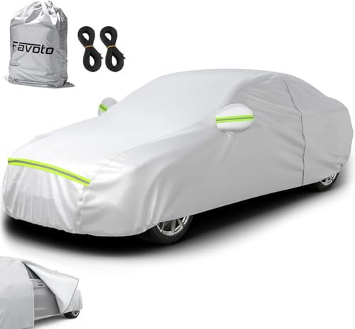 Favoto Sedan Car Cover Waterproof, Outdoor Full Car Covers with Zipper on Right Side, Windproof Sun Protection Exterior Cover, Universal Fit for Cars 169-185 Inches, Silver