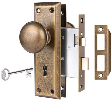 newliplace Mortise Lock Set for Interior Door, Vintage Door Knobs with Lock and Skeleton Key, Antique Brass Door Knobs for Old Style Doors