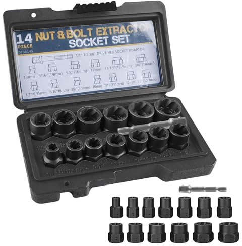 PRITOK Kit de 14 extracteurs d'écrous : ensemble d'extracteurs de vis - Jeu de douilles à profil spiralé - Extracteur de boulons pour enlever les écrous endommagés et rouillés (6,35-19 mm) (noir)