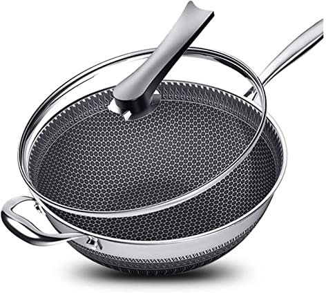 GSZCCZS Wok Pfanne Frittierpfanne Neue Nicht-Stick-Bratpfannen doppelseitiger Bildschirm Waben aus Edelstahl Wok ohne Ölrauch Frittierpfanne Sicht