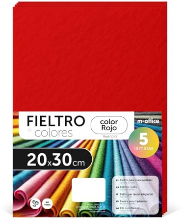 m-office Bastelfilz für DIY-Projekte, Filzplatten in bunten Farben, Weich und Flexibel, Material für Nähen und Patchwork Stoffe, Ideal Handarbeiten, Deko Kunsthandwerk, 20x30cm, (Rot, 5 Stk)