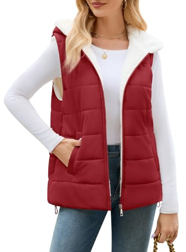 Yuson Girl Gilet For Women UK Quilted Windproof Padded Outerwear Vest Sleeveless Puffy Jacket Hooded Body Warmer Outdoor Waistcoat Lightweight Autumn Winter Coats For Ladies(Wine red, M)