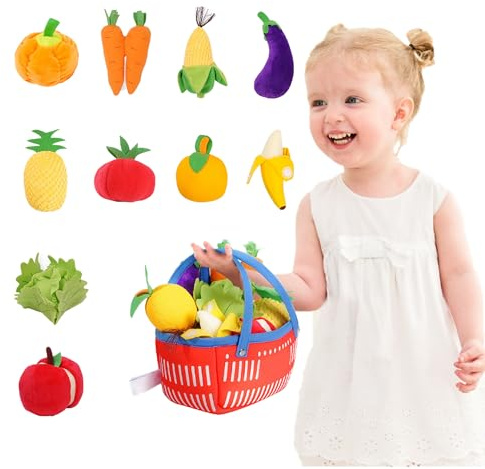 HUSHAX 10 Pièces Fruits Et Legumes Jouets en Peluche avec Panier, Cosplay Cuisine Peluche Fruits Légumes Jouet, d'Enseignement Précoce, Stimule Les Sens Multidimensionnels du Bébé, 6-18 Mois