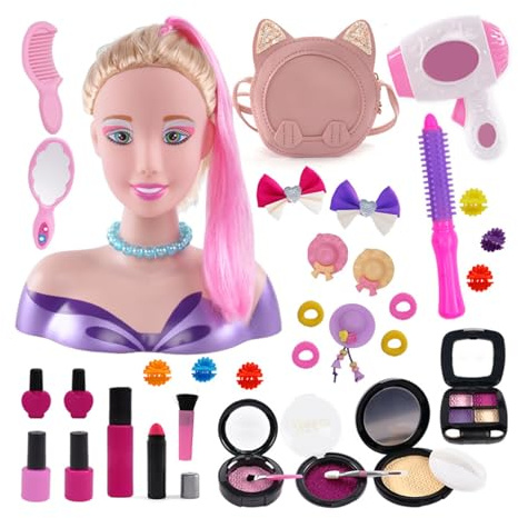 Têtes à Coiffer Enfant,Cheveux Blonds 35 Accessoires de Coiffure,Tête de Poupée de Maquillage pour Fille,Jouet de Maquiller et de Coiffure Cadeau pour Noël Anniversaire,pour à Partir de 3 Ans (Type B)