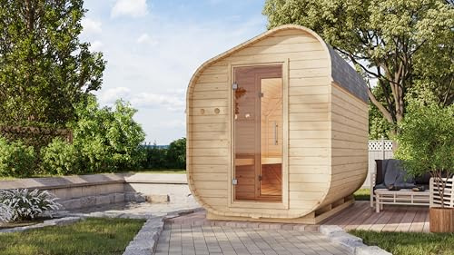 Chillroi Karibu Fasssauna Carlotta in versch. Größen inkl. Saunaofen 9kW Außensauna Gartensauna (Größe L 355 cm)