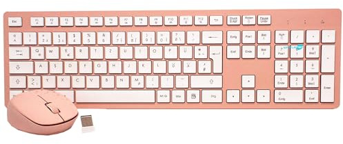 SIMPLETEK - Kit de teclado y ratón inalámbrico rosa disposición alemana QWERTZ, teclas blancas, diseño compacto, conexión de 2,4 GHz