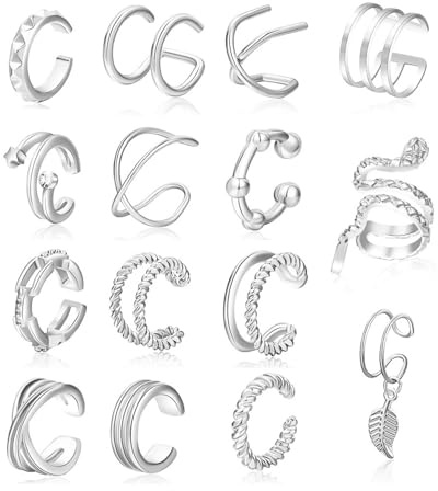 HUVZOR earcuff,15 Pcs orecchini senza buco,earcuffs donna,Ear Cuffs Orecchini Donna Regolabile Senza Buco Finti Clip Cartilagine Non Piercing Earcuffs Argento
