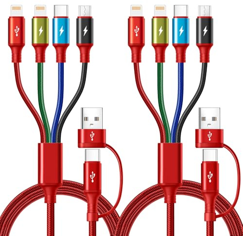 Minlu multiladdningskabel, 6-i-1 multiladdningskabel [2-pack 1,8 m] 4-i-2 telefonladdningskablar med belysning/typ-C/mikro, flätad multiladdningskabel för iPhone/Samsung/Android/surfplatta/Sony