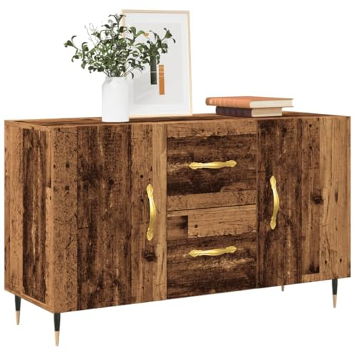 ULUYYUC Buffet Vieux Bois 100x36x60 cm Bois d ingénierie avec Pieds métal, Meuble de Rangement Cuisine et Salon, Design Industriel, Porte coulissante, Stable et Durable pour Chambre Bureau entrée