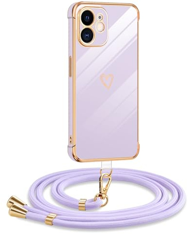Mkej Hülle Kompatibel mit iPhone 11 Hülle mit Band, Galvanik Silicone Handyhülle mit Herz Love Design, Abnehmbar und einstellbar Handykette für iPhone 11, Violett