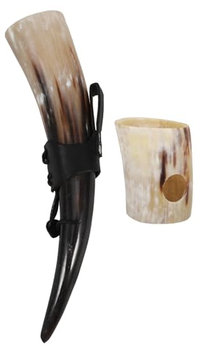 Veemoon Copa de Cuerno de Buey Natural Grande 30-35 CM con Soporte de Madera Vaso para Bebidas Medievales y Renacentistas Copa de Vino Tinto Versátil para Decoración y Uso Ritual