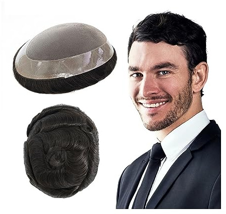 Für Männer Französisches Herren-Toupet mit Spitzenfront, langlebig, fein, Mono, 2,5 cm Poly-Beschichtung, Herren-Haarprothese Nr. 1B, 130 % Dichte, Systemeinheiten aus Echthaar Perückenkopf(8x10)