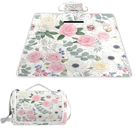 ALAZA Rechteckige, wasserdichte Picknickdecke, bunte Blumen, Pfingstrosen, tragbar, faltbar, für drinnen und draußen, Matte für Reisen, Wandern, Camping, Park, 150 cm x 145 cm