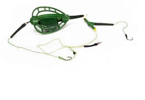 Zilimontt Jaula de cebo de pesca de carbohidratos con diseño de alimentador en línea, acero de alto carbono + nailon + construcción ABS, 35 cm de longitud, 35/48 g de peso, color verde, compatible (48