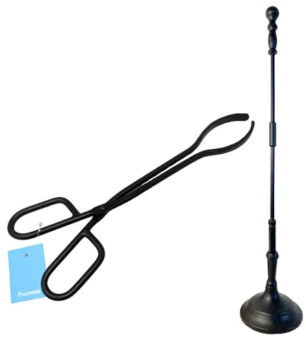 Set di pinze per legna in acciaio nero e set di attrezzi per camini da attizzatoio in ghisa, accessorio resistente per braciere e stufa a legna per una manipolazione sicura del tronco e gestione del