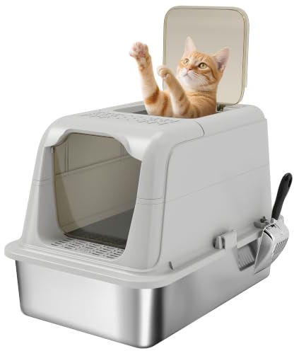 PawHut Lettiera per Gatti Chiusa 2 Ingressi 60.4x40.4x41.8 cm Grigio Chiaro | Toilette per Gatti Grandi, Entrata Frontale e Uscita Superiore, Paletta, Sacchetto Deodorante, Facile da Pulire
