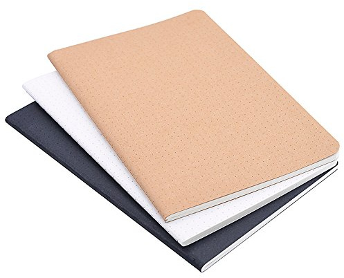 (Set om 3) A5 prickig anteckningsbok/resedagbok - 14,5 x 21 cm prickigt rutnät papper för notislappar, journalföring, totalt 120 ark/240 sidor, svart/vit/kraftbrunt omslag