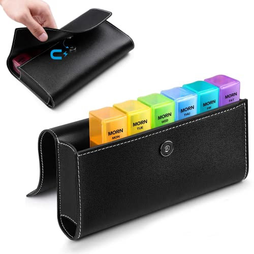 SUKUOS Pilulier Semainier Français 7 Jours 4 Fois Matin Midi Soir Nuit avec PU Sac 28 Compartiments Multicolores, pour vitamines, suppléments et médicaments pour vitamines (Noir)