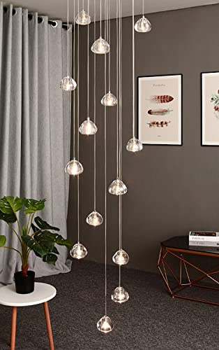 LED Moderne Pendelleuchte Kristall Deckenlampe Villa Kronleuchter | Esszimmer Pendellampe Design Treppenhaus Hängelampe Höhenverstellbar lange Deckenleuchte Hängeleuchte Runde (14-flammig)