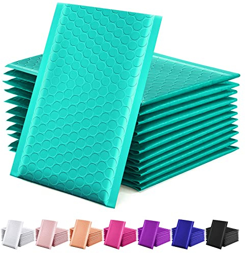 GSSSUSA Bubbelkuvert, 10 x 20 cm, 50-pack, vadderade kuvert, användbar storlek 10 x 18 cm, fraktkuvert, självförseglande små förpackningar, fraktpåsar för att posta smycken, för småföretag, blågrön