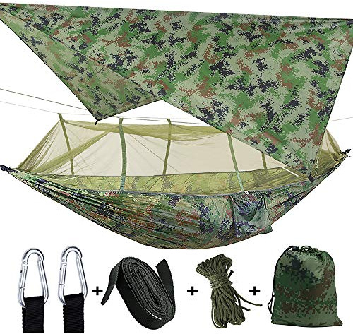 ele ELEOPTION Camping Hammock with Mosquito Net and Rain Fly 200kg Load Capacity 260 x 140 cm Nylon Double Hammock Waterproof Lightweight Portable for Backpacking Hiking Fishing Outdoors Garden(Camo)