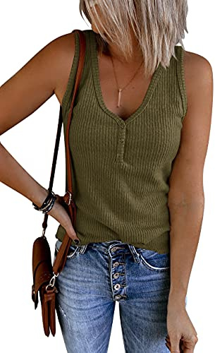 Saodimallsu Damen Tank Tops mit V-Ausschnitt Sommer Gerippte Ärmellose Henley Bluse Beiläufige Lose Geknöpfte Cami Strick T-Shirts Armeegrün L