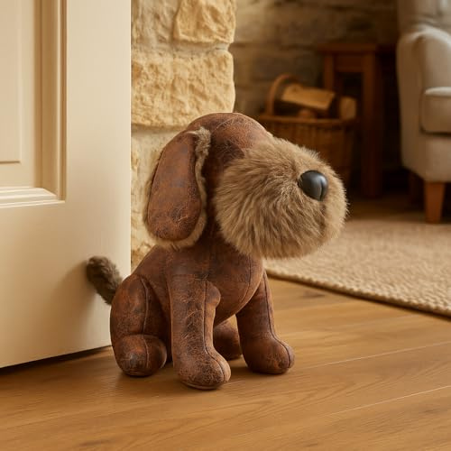 HomeZone® Türstopper aus Kunstleder, Tierwelt, weicher Plüsch, beschwerter Teddy-Türstopper, Keil, Kunstleder (brauner Hund)