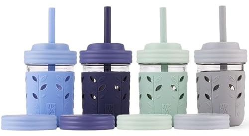 Elk and Friends Barn- och småbarnsmuggar | De ursprungliga glas-Masonburkarna 237 ml med silikonsugrör med stoppar | Smoothiemuggar | Spillsäkra pipmugg för småbarn | 4-packning